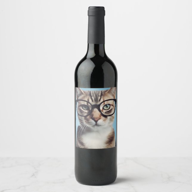 Étiquette Pour Bouteilles De Vin Chat Portant des lunettes (Devant)