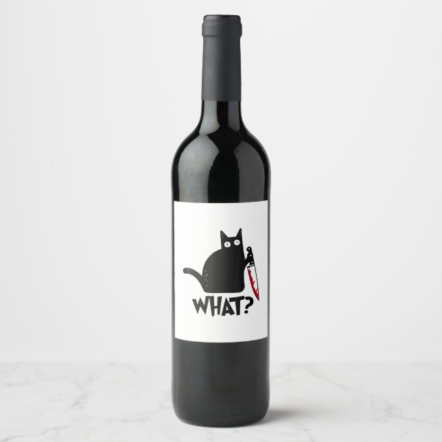 Étiquette Pour Bouteilles De Vin Chat Qu'est-ce que_ Drôle Chat Noir  (Devant)