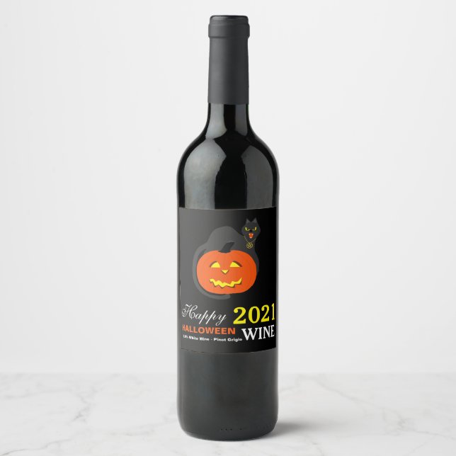 Étiquette Pour Bouteilles De Vin Chat sur Citrouille, Halloween (Devant)
