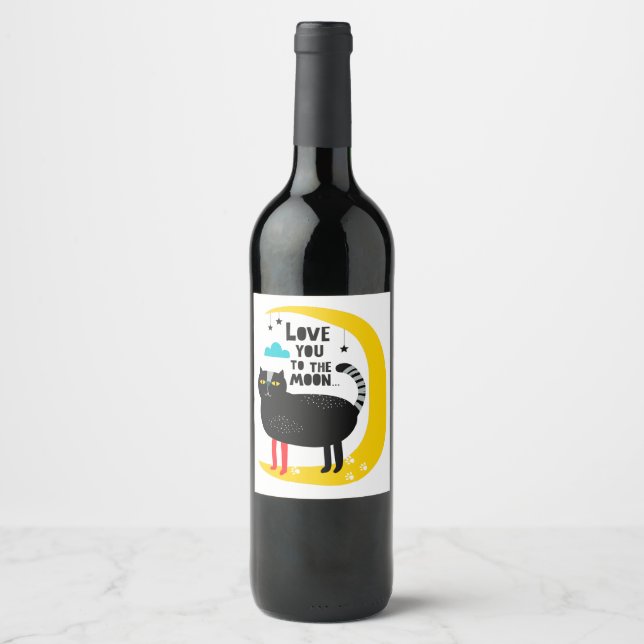 Étiquette Pour Bouteilles De Vin Chat sur la lune (Devant)