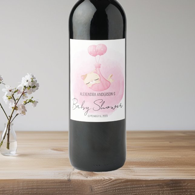 Étiquette Pour Bouteilles De Vin Chaton rose Sleepy Aquarelle Bébé Fille Douche (Créateur téléchargé)