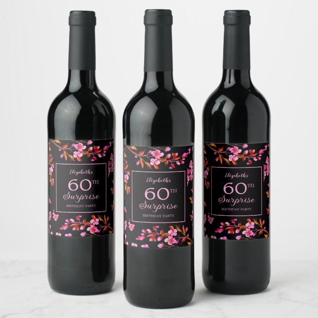 Étiquette Pour Bouteilles De Vin Cherry Blossom Sakura Surprise Black Anniversaire (Bouteilles)