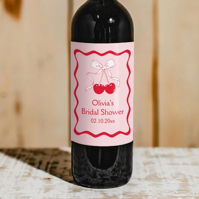 Étiquette Pour Bouteilles De Vin Cherry Rouge Ondulée Rose Sur Le Haut Nœud Shower  (Créateur téléchargé)