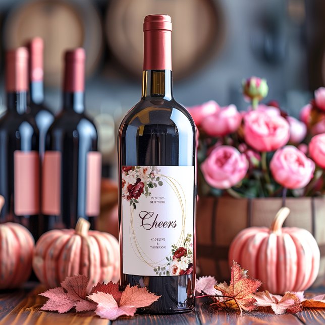 Étiquette Pour Bouteilles De Vin Cheval Burgundy Script Floral Gold Mariage frontiè (Créateur téléchargé)