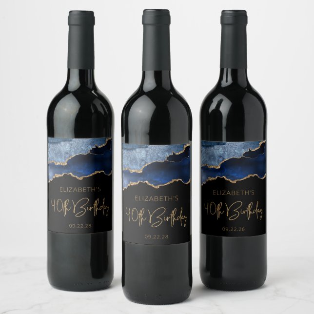 Étiquette Pour Bouteilles De Vin Chic Agate Geode Blue Gold 40e fête d'anniversaire (Bouteilles)