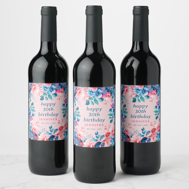 Étiquette Pour Bouteilles De Vin Chic Aquarelle Floral 30e Joyeux Bleu Anniversaire (Bouteilles)