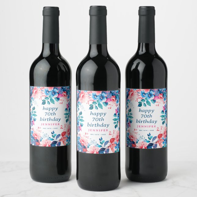 Étiquette Pour Bouteilles De Vin Chic Aquarelle Floral 70e Joyeux Anniversaire (Bouteilles)
