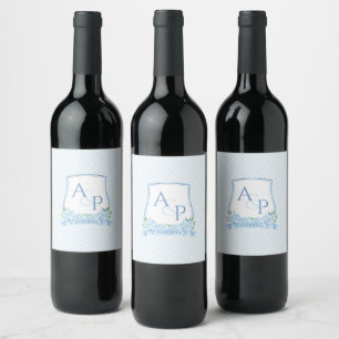 Étiquette Pour Bouteilles De Vin Chic Bleu Blanc Hydrangée Monogramme Mariage Crest