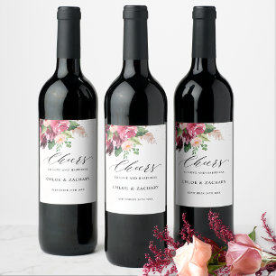Étiquette Pour Bouteilles De Vin Chic Burgundy Blush et rose Floral Mariage