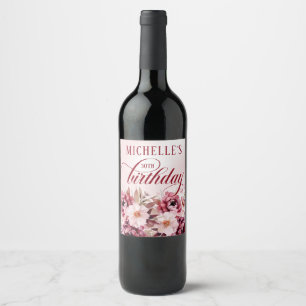 Étiquette Pour Bouteilles De Vin Chic Burgundy Rose Floral Glam 50e Anniversaire
