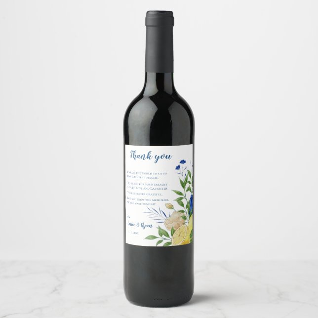 Étiquette Pour Bouteilles De Vin Chic citron agrumes Mariage Floral Merci (Devant)