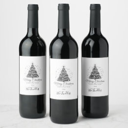 Étiquette Pour Bouteilles De Vin Chic Elegant Black White Script Christmas Tree