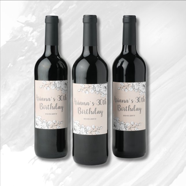 Étiquette Pour Bouteilles De Vin Chic Élégant Rose Pâle Blanc Floral Anniversaire (Créateur téléchargé)