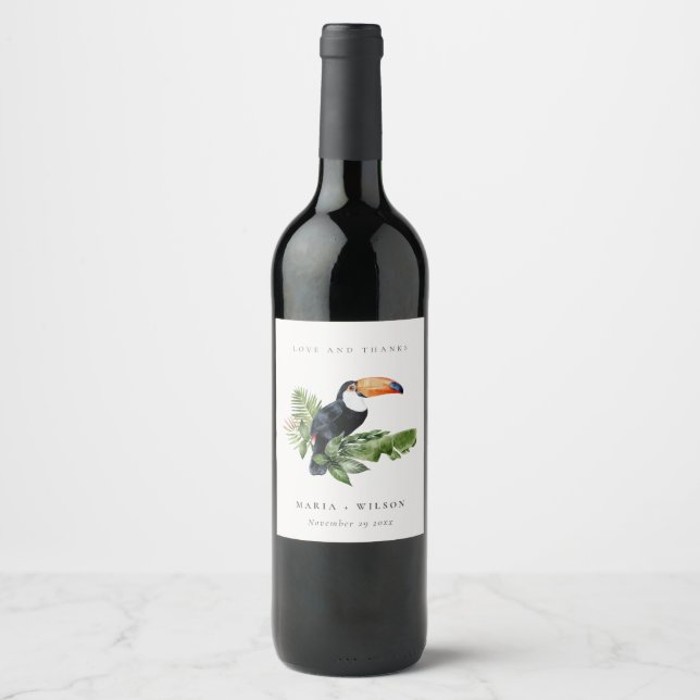 Étiquette Pour Bouteilles De Vin Chic Elegant Tropical Rainforest Toucan Mariage (Devant)