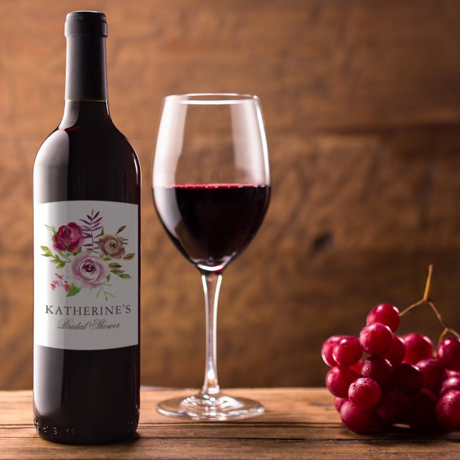 Étiquette Pour Bouteilles De Vin Chic Fête de Mariage Fuchsia Rose Fleurs Personnal (Créateur téléchargé)