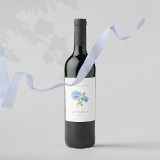 Étiquette Pour Bouteilles De Vin Chic Floral Blue Hydrangea Mariage d'événement