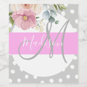 Étiquette Pour Bouteilles De Vin Chic & Girly Floral Blanc Rose Gris Monogramme Nom