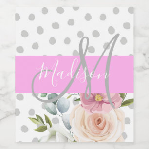 Étiquette Pour Bouteilles De Vin Chic & Girly Floral Blanc Rose Gris Monogramme Nom