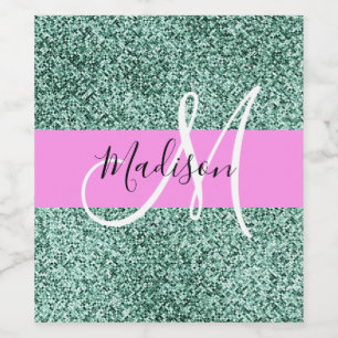 Étiquette Pour Bouteilles De Vin Chic Glam Rose Vert Paillettes Étincelle Monogramm