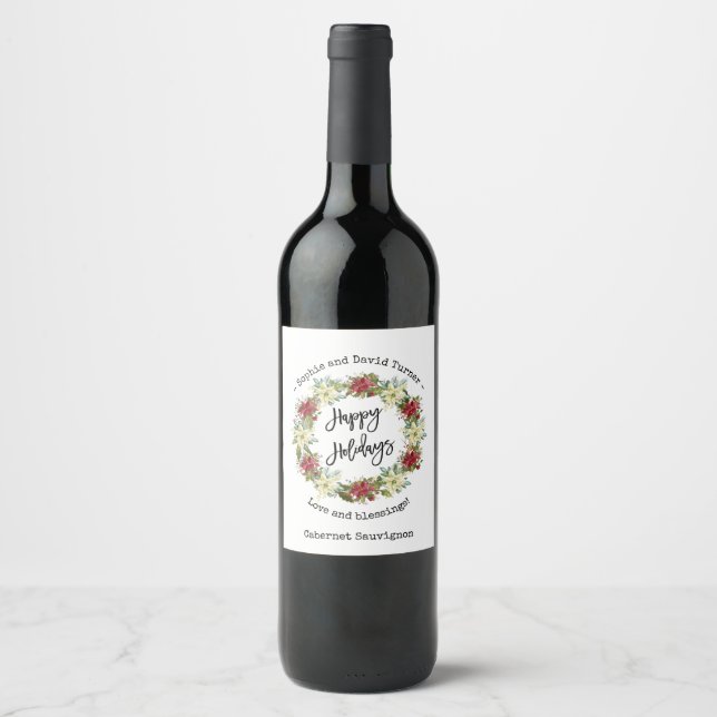 Étiquette Pour Bouteilles De Vin Chic Joyeux Vacances Script Poinsettia Monogramme (Devant)