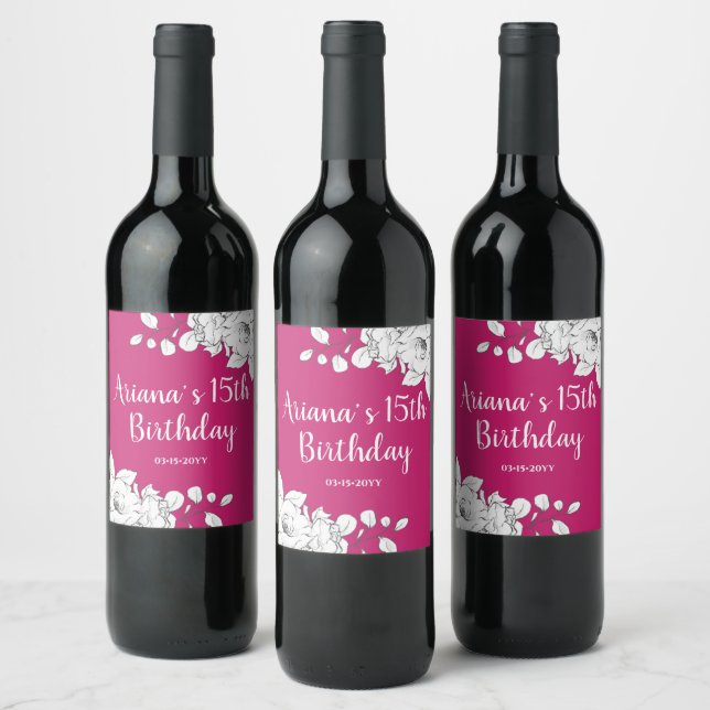 Étiquette Pour Bouteilles De Vin Chic Moderne Magenta Blanc Floral 15e anniversaire (Bouteilles)