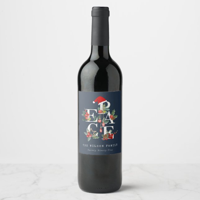 Étiquette Pour Bouteilles De Vin Chic Navy Rouge Vert Blanc Paix Noël (Devant)