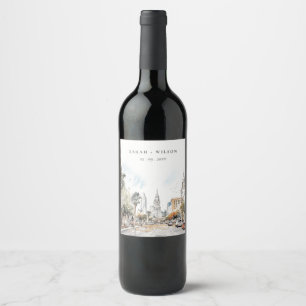 Étiquette Pour Bouteilles De Vin Chic Orlando Floride Skyline Mariage d'aquarelle