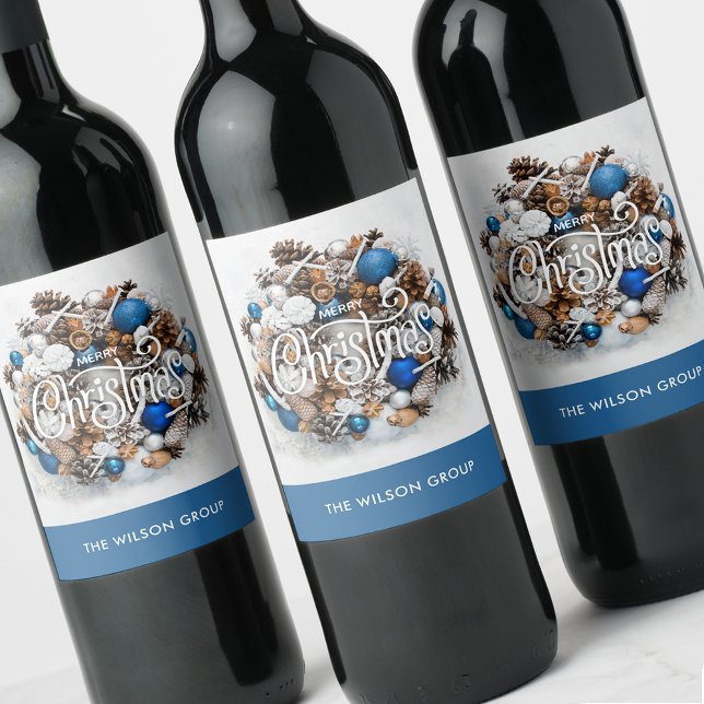 Étiquette Pour Bouteilles De Vin Chic Pine Wreath Business Cadeau de Noël (Pine Christmas wreath business gift personalized wine bottle labels)