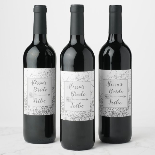 Étiquette Pour Bouteilles De Vin Chic Siver Confetti tribu mariée personnalisée (Bouteilles)