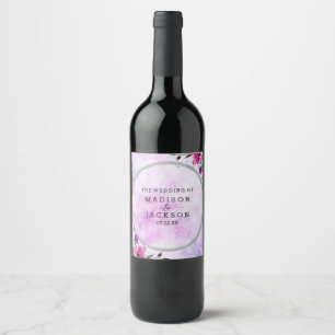 Étiquette Pour Bouteilles De Vin Chic violet floral et Mariage argenté