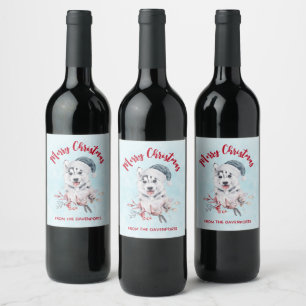 Étiquette Pour Bouteilles De Vin Chien de Noël Husky dans un chapeau de Père Noël