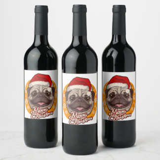 Étiquette Pour Bouteilles De Vin Chien mignon Pug chapeau de Père Noël avec flocons