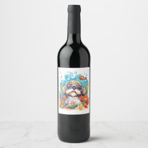 Étiquette Pour Bouteilles De Vin Chien Shih Tzu en snorkeling dans un récif de cora