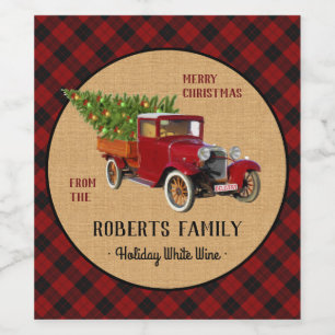 Étiquette Pour Bouteilles De Vin Christmas Tree Farm Vintage Camion rouge Plaid Rus