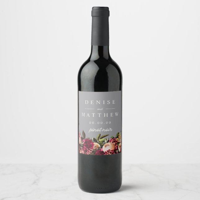 Étiquette Pour Bouteilles De Vin Chrysanthème romantique sur pierre ciselée (Devant)