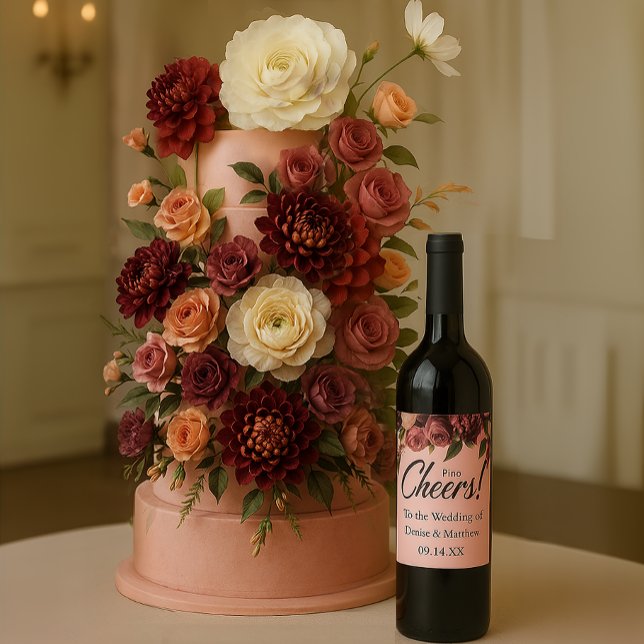Étiquette Pour Bouteilles De Vin Chrysanthème romantique sur rose arachnéen (Créateur téléchargé)