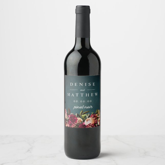 Étiquette Pour Bouteilles De Vin Chrysanthème romantique sur Turquoise (Devant)
