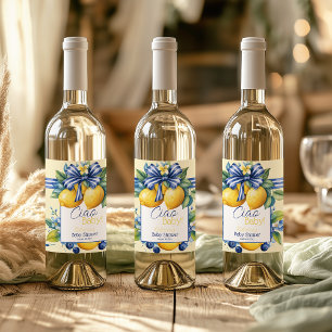 Étiquette Pour Bouteilles De Vin Ciao Baby Blue Bow Carrelage Citron Baby shower