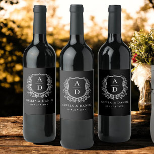 Étiquette Pour Bouteilles De Vin Cimier noir blanc moderne Monogramme Mariage