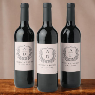 Étiquette Pour Bouteilles De Vin Cimier rose poussiéreux Mariage Monogramme moderne
