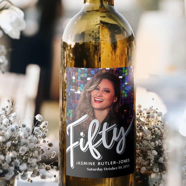 Étiquette Pour Bouteilles De Vin Cinquante-50e anniversaire photo de fête noir arge (Créateur téléchargé)