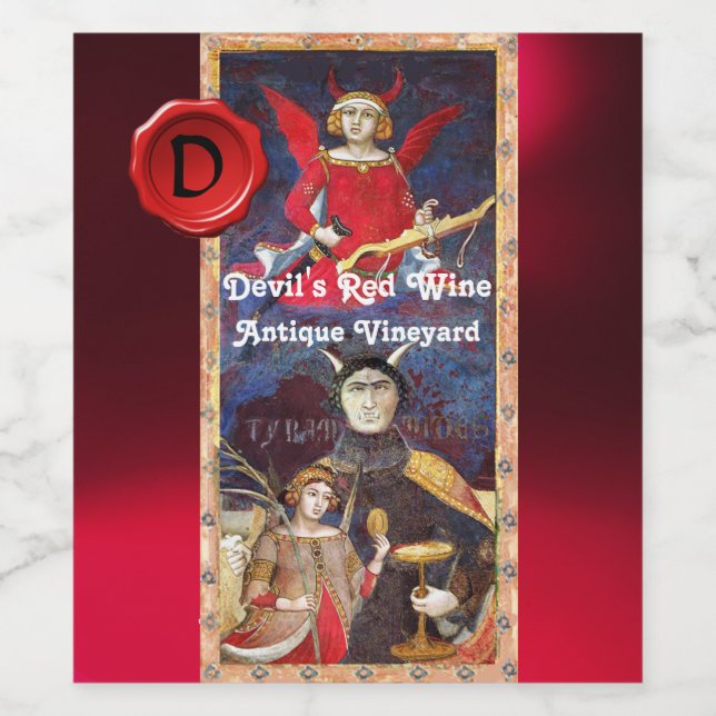 ÉTIQUETTE POUR BOUTEILLES DE VIN CIRE À CACHETER AU MONOGRAMME VIN ROUGE DU DIABLE  (Étiquettes simples)
