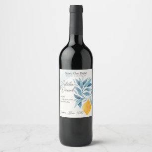 Étiquette Pour Bouteilles De Vin Citron aux feuilles bleues illustration botanique