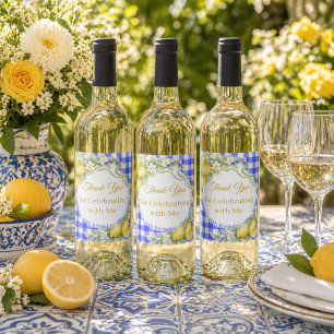 Étiquette Pour Bouteilles De Vin Citrons bleu gingham nœud Italien Merci Anniversai