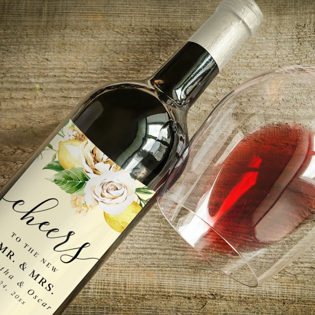 Étiquette Pour Bouteilles De Vin Citrons jaunes pastel à l'aquarelle moderne & feui (Créateur téléchargé)