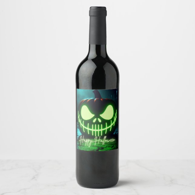 Étiquette Pour Bouteilles De Vin citrouille d'Halloween vert éffrayant (Devant)