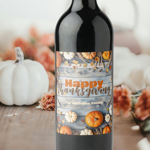 Étiquette Pour Bouteilles De Vin Citrouille en bois rustique Thanksgiving Friendsgi