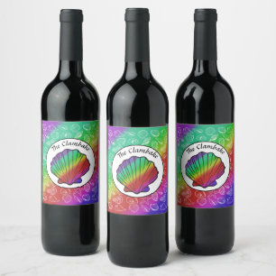 Étiquette Pour Bouteilles De Vin Clambake Arc-en-ciel Clam Motif de mollusques