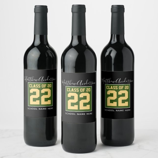 Étiquette Pour Bouteilles De Vin Classe de 2023 Moderne Green Black & Gold Graduati (Bouteilles)
