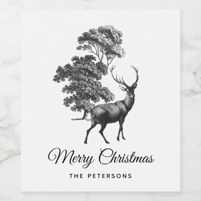 Étiquette Pour Bouteilles De Vin Classic Elegant Noir Blanc Toile Cerf en Forêt (Étiquettes simples)